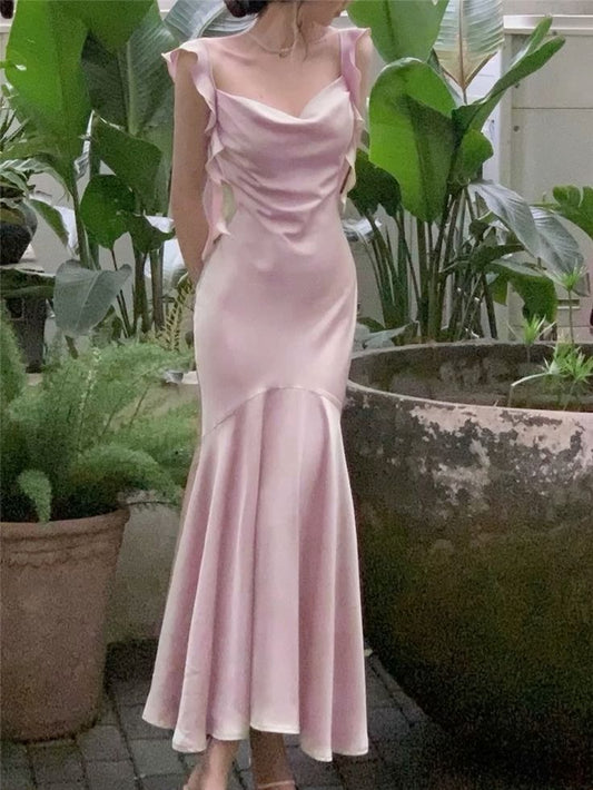 Sexy Meerjungfrau Träger Rosa Satin Ballkleider Formale Sommer Hochzeitsgastkleider Hochzeitsgast-Outfit W0223