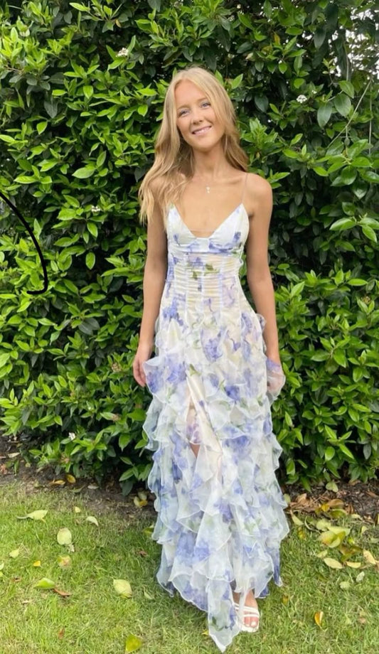 Elegante Etuikleider Spaghettiträger Blumen Blau Schlitz Ballkleider Formale Sommerkleider für Hochzeitsgäste Hochzeitsgast-Outfit W0234