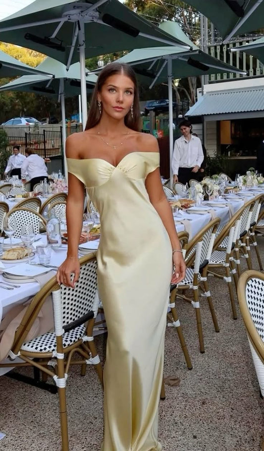 Einfaches Etuikleid mit schulterfreiem, gelbem, langem Ballkleid, formelles Sommerkleid für Hochzeitsgäste, Outfit für Hochzeitsgäste, W0239