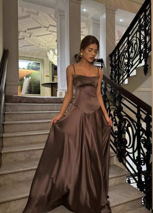 Elegante A-Linie Spaghettiträger Satin Lange Ballkleider Formale Sommerkleider für Hochzeitsgäste Hochzeitsgast-Outfit W040