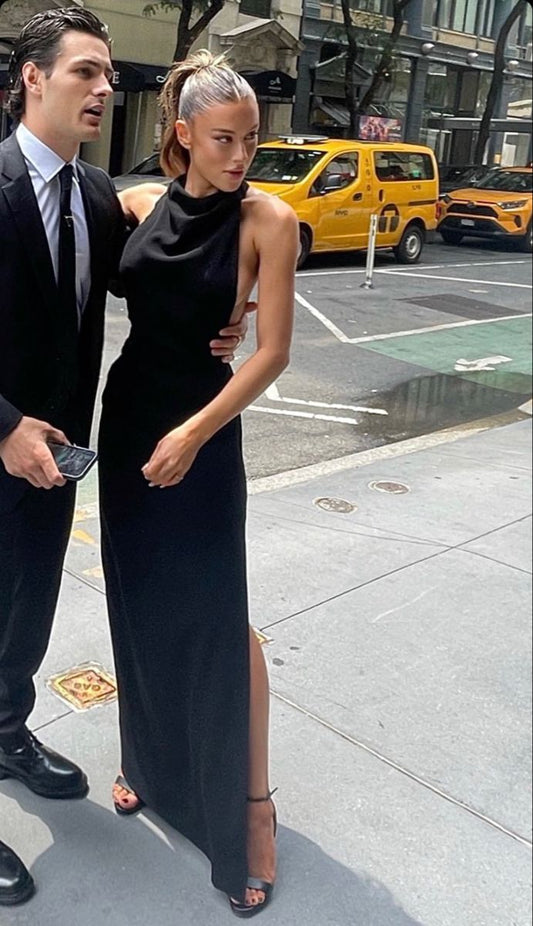 Elegantes Etuikleid mit hohem Halsausschnitt, schwarz, mit Schlitz, langes Ballkleid, formelles Sommerkleid für Hochzeitsgäste, Outfit für Hochzeitsgäste, W0243