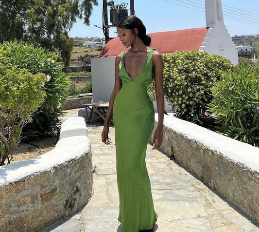Elegantes Etuikleid mit V-Ausschnitt, grünes Satin, langes Ballkleid, formelles Sommerkleid für Hochzeitsgäste, Outfit für Hochzeitsgäste, W0244