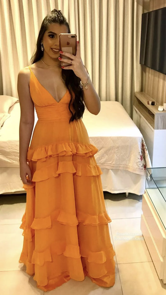 Elegante A-Linie Spaghettiträger Orange Chiffon Lange Ballkleider Formale Sommerkleider für Hochzeitsgäste Hochzeitsgast-Outfit W0251
