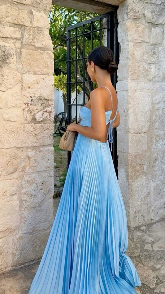 Elegante A-Linie Spaghettiträger Blau Chiffon Lange Ballkleider Formale Sommerkleider für Hochzeitsgäste Hochzeitsgast-Outfit W0258