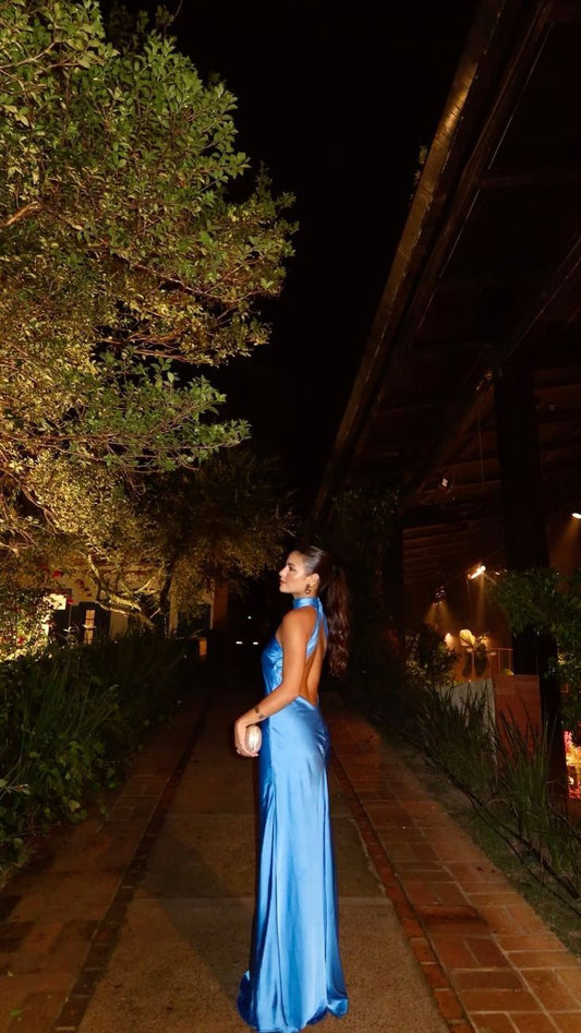 Elegantes Etuikleid mit hohem Halsausschnitt und Satin in Blau, langes Ballkleid, rückenfrei, formelles Sommerkleid für Hochzeitsgäste, Outfit für Hochzeitsgäste W0262