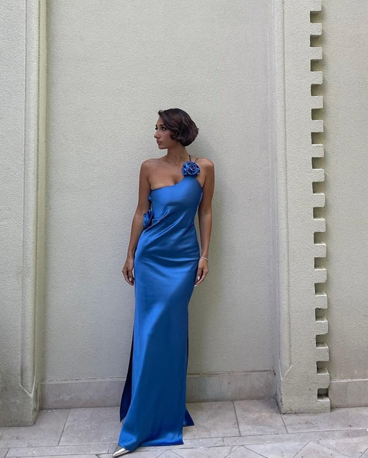 Elegantes Etuikleid in Königsblau mit einer Schulter und Satin, lange Ballkleider, formelle Sommerkleider für Hochzeitsgäste, Outfit für Hochzeitsgäste, W0263