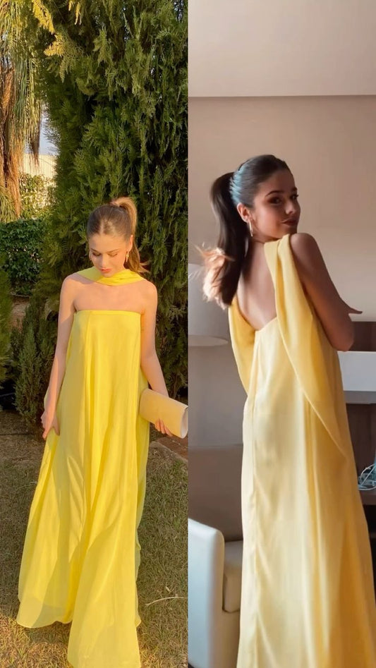 Sexy A-Linie trägerloses gelbes Chiffon-langes Ballkleid Formale Sommerkleider für Hochzeitsgäste Hochzeitsgast-Outfit mit Schal W0266