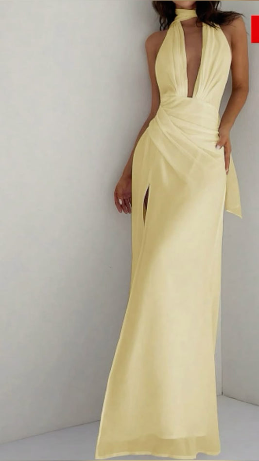 Elegante A-Linie V-Ausschnitt Gelb Chiffon Langer Schlitz Ballkleider Formale Sommerkleider für Hochzeitsgäste Hochzeitsgast-Outfit W0269