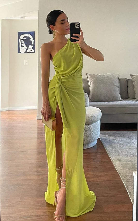 Elegantes Etuikleid mit einer Schulter und langem Schlitz, Chiffon, Ballkleid für formelle Anlässe, Sommerkleid für Hochzeitsgäste, Outfit für Hochzeitsgäste, W0271