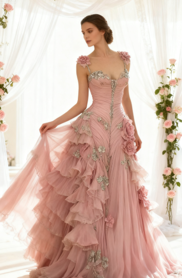Pretty Ball Gown Pink Spaghetti Straps Tulle Long Quinceanera Dress Formal Short Sleeves Flowers Vestido De 15 Anos W0278