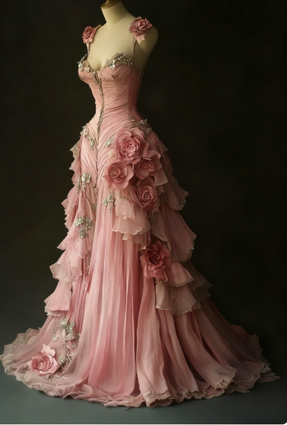 Pretty Ball Gown Pink Spaghetti Straps Tulle Long Quinceanera Dress Formal Short Sleeves Flowers Vestido De 15 Anos W0278