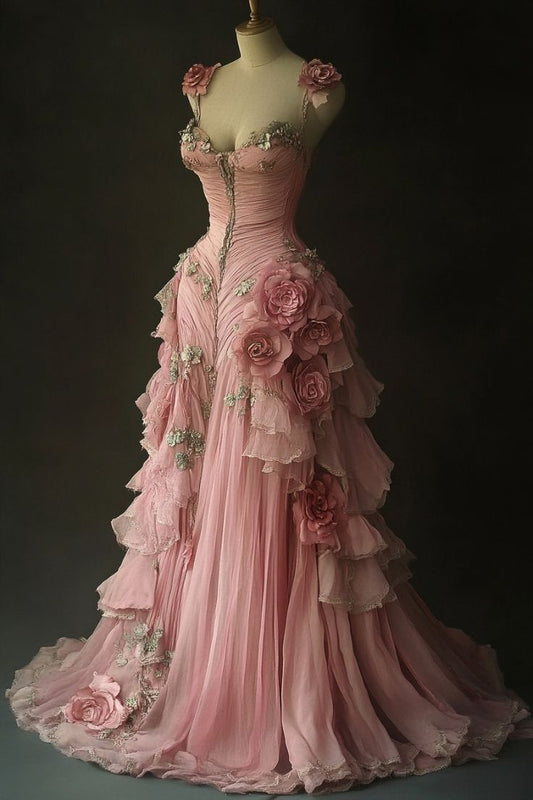 Pretty Ball Gown Pink Spaghetti Straps Tulle Long Quinceanera Dress Formal Short Sleeves Flowers Vestido De 15 Anos W0278