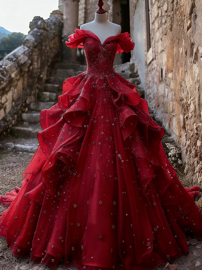 Pretty Ball Gown Off The Shoulder Yellow Beaded Tulle Long Quinceanera Dress Formal Short Sleeves Flowers Vestido De 15 Anos W0279