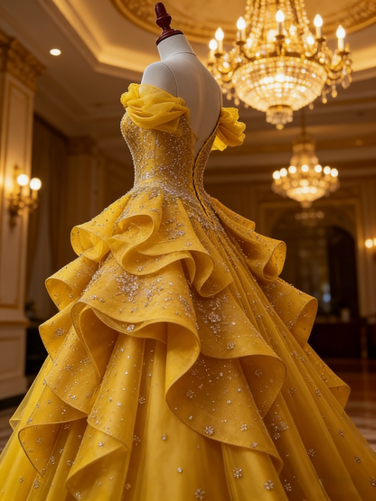 Pretty Ball Gown Off The Shoulder Yellow Beaded Tulle Long Quinceanera Dress Formal Short Sleeves Flowers Vestido De 15 Anos W0279