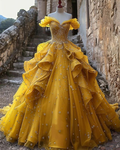 Pretty Ball Gown Off The Shoulder Yellow Beaded Tulle Long Quinceanera Dress Formal Short Sleeves Flowers Vestido De 15 Anos W0279