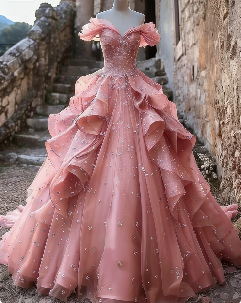 Pretty Ball Gown Off The Shoulder Yellow Beaded Tulle Long Quinceanera Dress Formal Short Sleeves Flowers Vestido De 15 Anos W0279