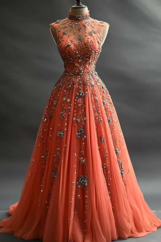 Pretty Ball Gown High Neck Silver Beaded Tulle Long Quinceanera Dress Formal Short Sleeves Flowers Vestido De 15 Anos W0280