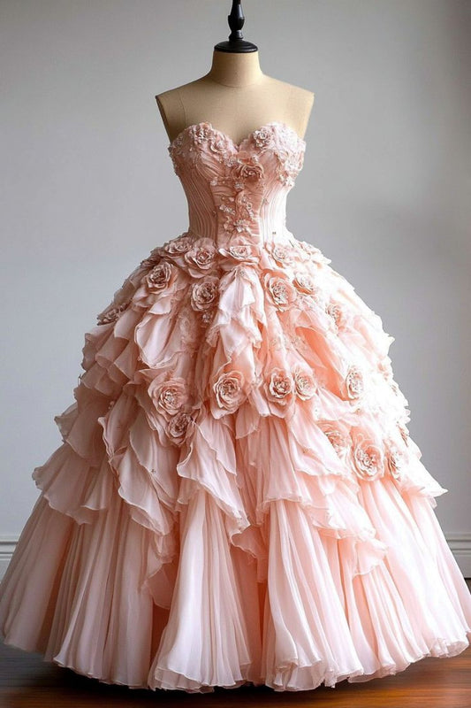 Pretty Ball Gown Sweetheart Pink Flowers Tulle Long Quinceanera Dress Formal Short Sleeves Flowers Vestido De 15 Anos Sweet 16 Dress W0281