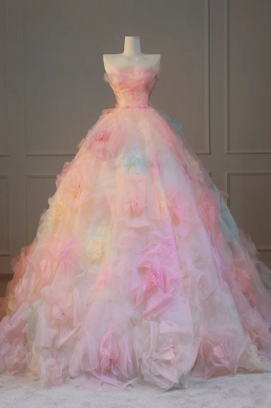 Pretty Ball Gown Sweetheart Pink Flowers Tulle Long Quinceanera Dress Formal Short Sleeves Flowers Vestido De 15 Anos Sweet 16 Dress W0283