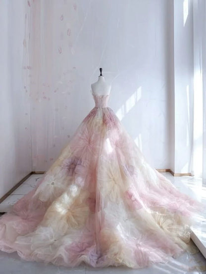 Pretty Ball Gown Sweetheart Pink Flowers Tulle Long Quinceanera Dress Formal Short Sleeves Flowers Vestido De 15 Anos Sweet 16 Dress W0284