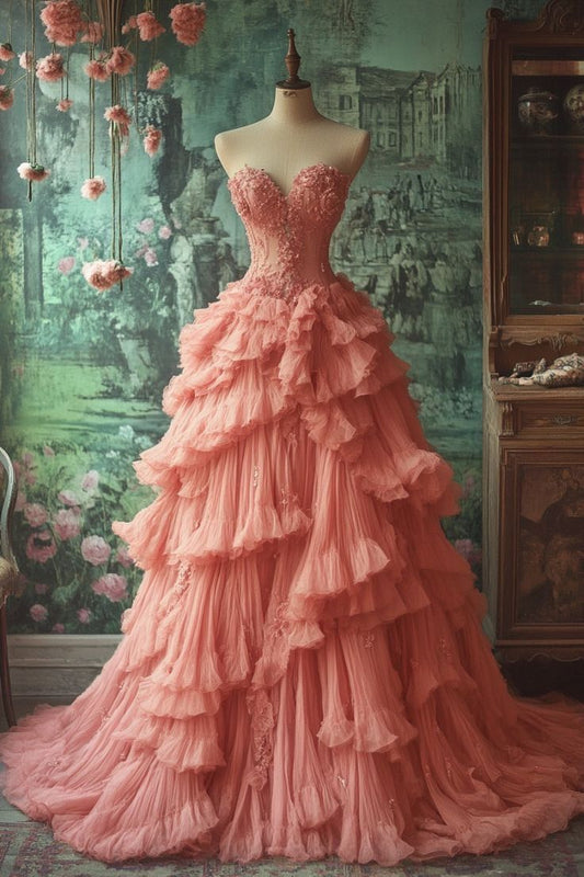 Pretty Ball Gown Sweetheart Blush Pink Lace Tulle Long Quinceanera Dress Formal Short Sleeves Flowers Vestido De 15 Anos Sweet 16 Dress W0285