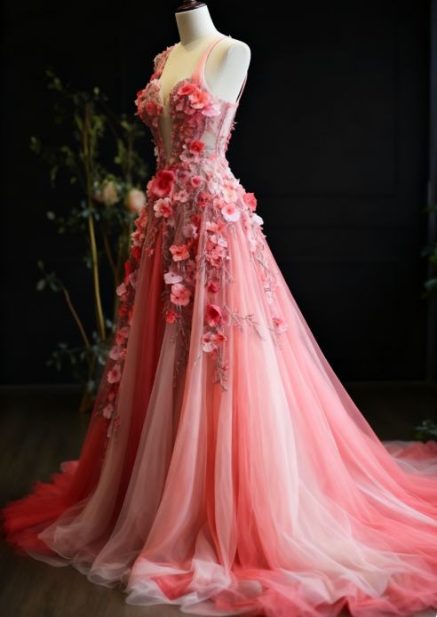 Pretty Ball Gown Sweetheart Pink Tulle Long Quinceanera Dress Formal Short Sleeves Flowers Vestido De 15 Anos Sweet 16 Dress W0288