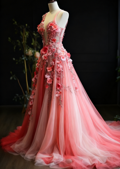 Pretty Ball Gown Sweetheart Pink Tulle Long Quinceanera Dress Formal Short Sleeves Flowers Vestido De 15 Anos Sweet 16 Dress W0288