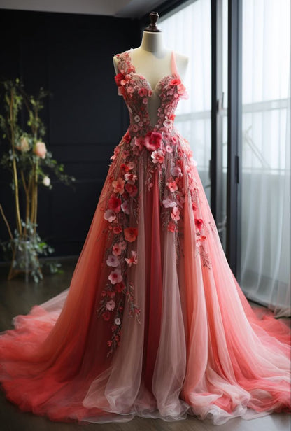 Pretty Ball Gown Sweetheart Pink Tulle Long Quinceanera Dress Formal Short Sleeves Flowers Vestido De 15 Anos Sweet 16 Dress W0288