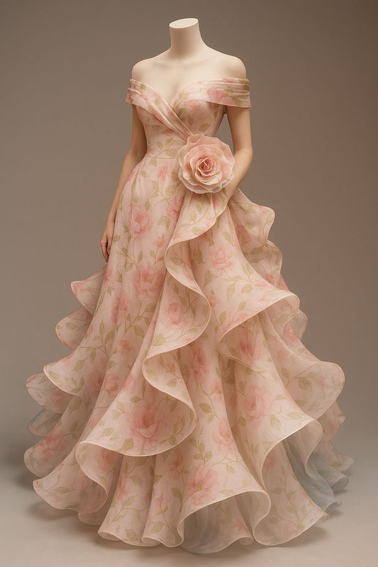 Pretty Ball Gown Off The Shoulder Pink Floral Long Quinceanera Dress Formal Short Sleeves Flowers Vestido De 15 Anos Sweet 16 Dress W0290