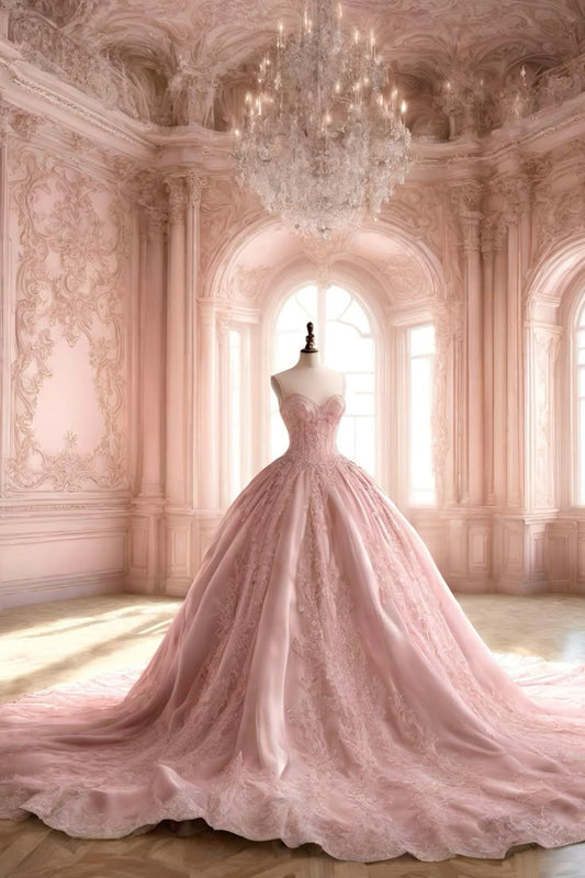 Unique  Ball Gown Sweetheart Pink Lace Long Quinceanera Dresses Sweet 16 Dress Formal  Vestido De 15 Anos W0294