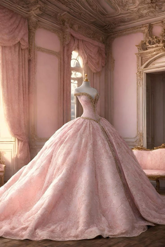 Unique  Ball Gown Sweetheart Pink Lace Gold Beaded Long Quinceanera Dresses Sweet 16 Dress Formal  Vestido De 15 Anos W0295