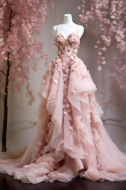Pretty Ball Gown Sweetheart Tulle Pink Flowers Long Quinceanera Dress Formal Flowers Vestido De 15 Anos Sweet 16 Dress W0298