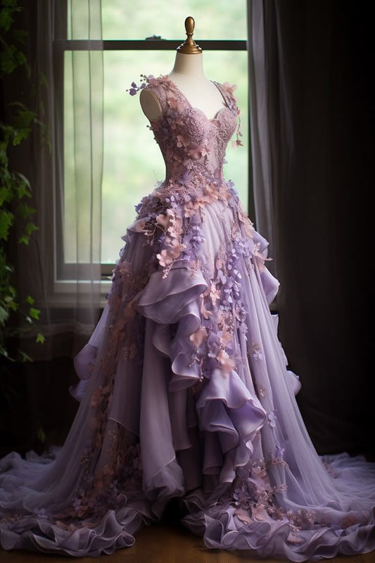 Unique Ball Gown Sweetheart Pink Lilac Flowers Long Quinceanera Dresses Sweet 16 Dress Formal Vestido De 15 Anos W0299