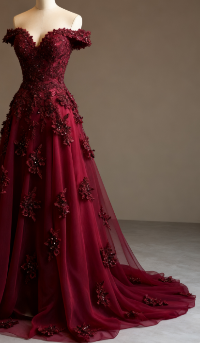 Pretty Ball Gown Off The Shoulder Burgundy Tulle Long Quinceanera Dress Formal Flowers Vestido De 15 Anos Sweet 16 Dress W0308