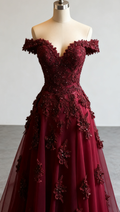Pretty Ball Gown Off The Shoulder Burgundy Tulle Long Quinceanera Dress Formal Flowers Vestido De 15 Anos Sweet 16 Dress W0308