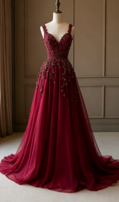 Modest A line Straps Burgundy Tulle Long Formal Gown 23rd Birthday Dress Prom Dresses 20th Birthday Outfits W0311