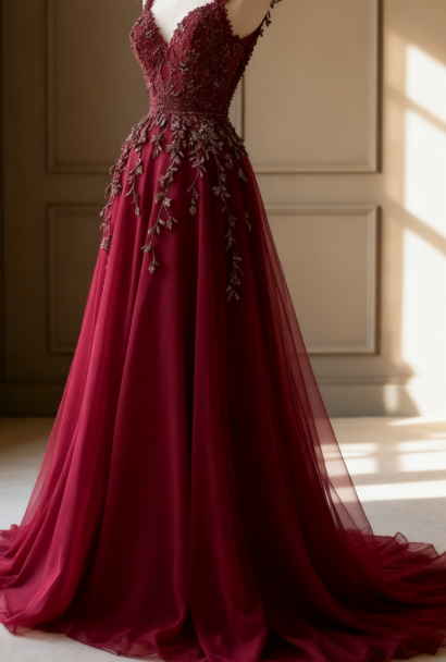 Modest A line Straps Burgundy Tulle Long Formal Gown 23rd Birthday Dress Prom Dresses 20th Birthday Outfits W0311