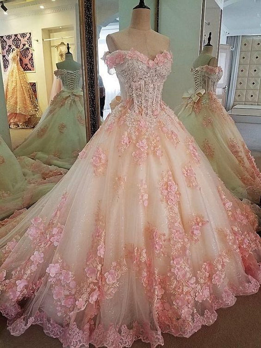 Pretty Ball Gown Off The Shoulder Blush Pink Tulle Long Quinceanera Dress Formal Gowns Vestido De 15 Anos Sweet 16 Dress W0327