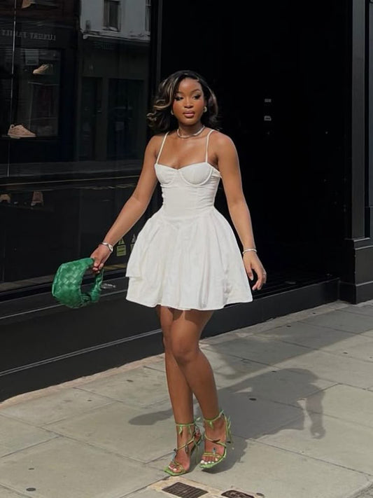Süße Ballkleid Träger Weiß Sommer Kurzes Heimkehrkleid Hoco Kleid Mini 18. Geburtstag Outfit Cocktailkleider W0339
