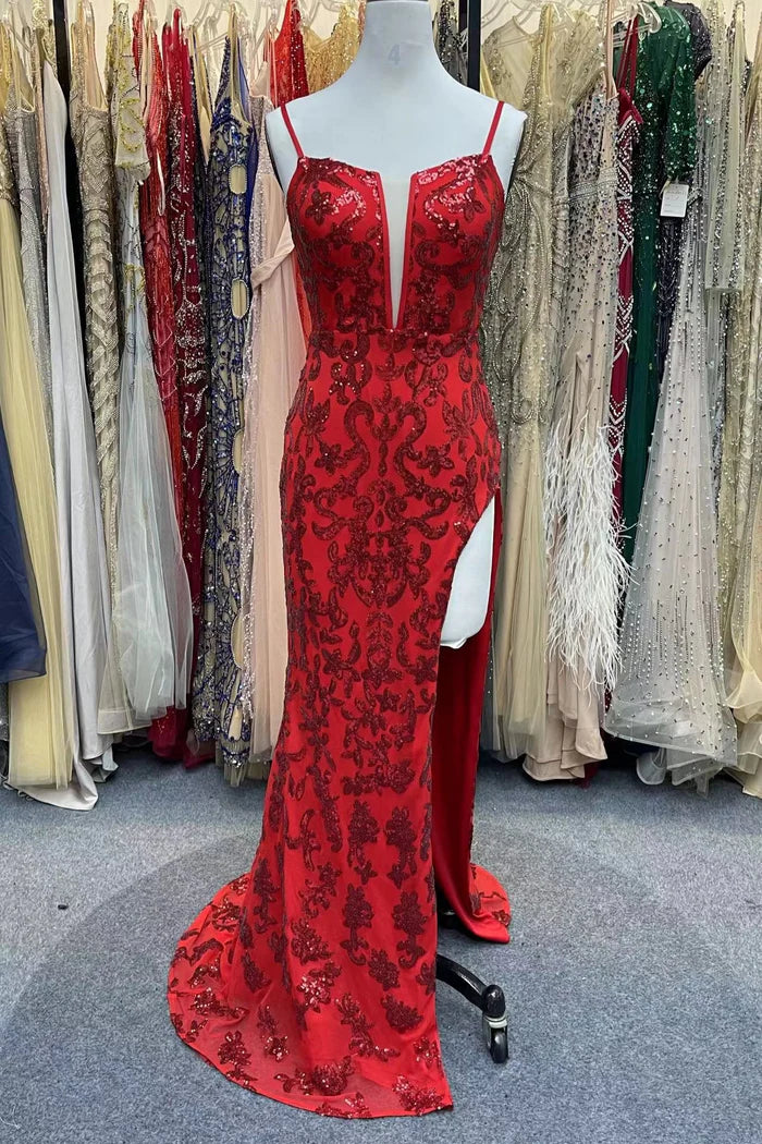 Modest Sheath Spaghetti Straps Red Sequin Formal Gown 20th Birthday Dress Prom Dresses 18th Birthday Outfits W0341