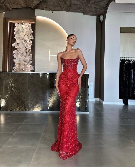 Vintage Sheath Strapless Sequin Red Beads Long Prom Dresses Party Dress Graduation Dresses W0361