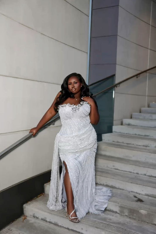 Vintage Mermaid Sweetheart Silver Sequin Beads Long Prom Dresses Party Dress Plus Size Black Girl Outfits Graduation Dresses W0388