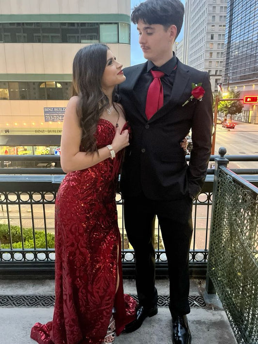 Classy Mermaid Sweetheart Burgundy Sequin Slit Long Prom Dresses Party Dress Birthday Outfits Graduation Dresses W0400