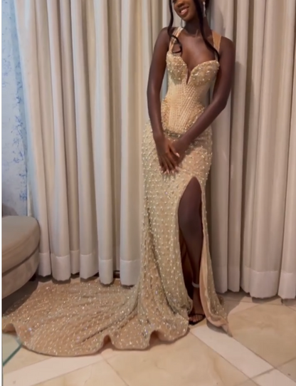 Modest Mermaid Sweetheart Champagne Slit Formal Gown 20th Birthday Dress Prom Dresses Black Girl 18th Birthday Outfits W0410