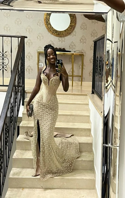 Modest Mermaid Sweetheart Champagne Slit Formal Gown 20th Birthday Dress Prom Dresses Black Girl 18th Birthday Outfits W0410