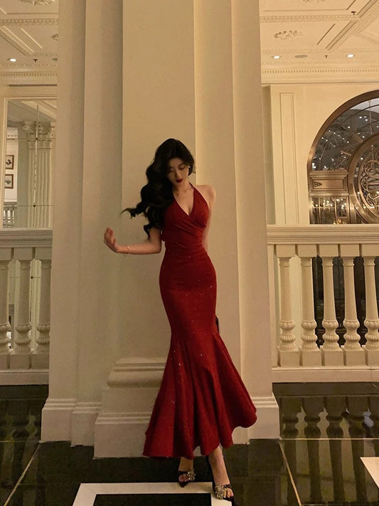 Sexy Mermaid Halter Red Sequin Sleeveless Prom Dresses Party Dress Summer Birthday Outfits 20th Birthday Dresses W818