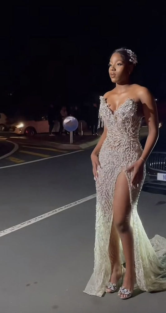 Modest Mermaid Sweetheart Champagne Slit Formal Gown 20th Birthday Dress Prom Dresses Black Girl 18th Birthday Outfits W0413
