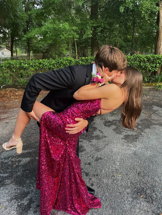 Classy Mermaid Spaghetti Straps Sequin Long Prom Dresses Party Dress Backless Outfits Graduation Dresses W0418