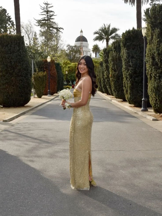 Robe de demoiselle d'honneur jaune élégante, fourreau, sans bretelles, à paillettes, tenue de soirée, d'anniversaire, d'été, idée de robe d'anniversaire pour femme, W0423
