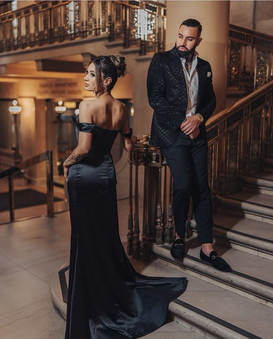 Classy Mermaid Off The Shoulder Black Satin Long Prom Dresses Formal Gown Summer Wedding Guest Dress Wedding Outfits For Guest  W0427